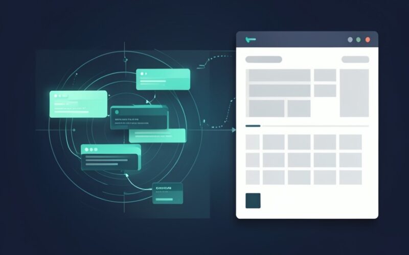 مجسم يمثّل خوارزمية ترتيب نتائج البحث وهي تُمرّر بطاقات نتائج منظّمة عبر حقل فلترة، حيث تبقى بعضها ثابتة وتهبط أخرى، إلى جانب بنية موقع مبسّطة تحت طبقة فحص.